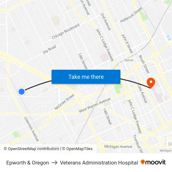 Epworth & Oregon to Veterans Administration Hospital map
