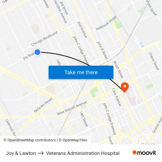 Joy & Lawton to Veterans Administration Hospital map