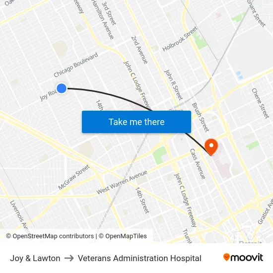 Joy & Lawton to Veterans Administration Hospital map