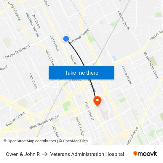 Owen & John R to Veterans Administration Hospital map