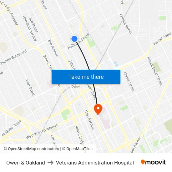 Owen & Oakland to Veterans Administration Hospital map