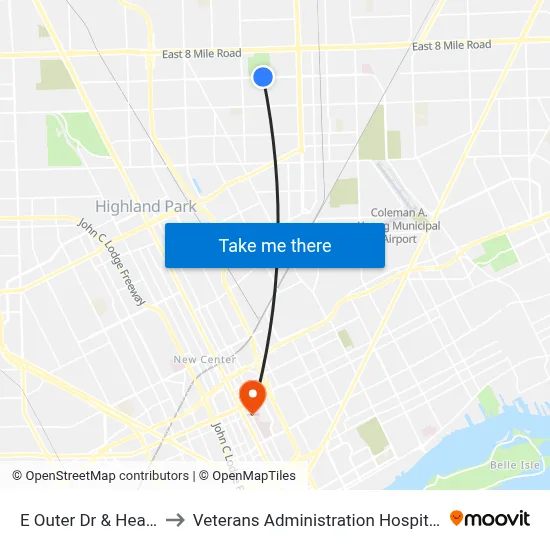 E Outer Dr & Healy to Veterans Administration Hospital map