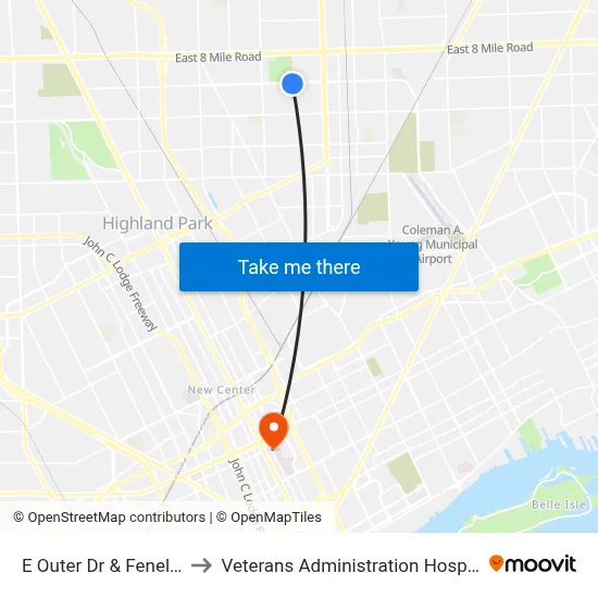 E Outer Dr & Fenelon to Veterans Administration Hospital map
