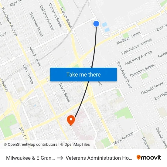 Milwaukee & E Grand Bl to Veterans Administration Hospital map