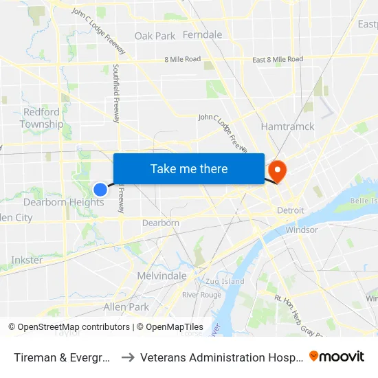 Tireman & Evergreen to Veterans Administration Hospital map
