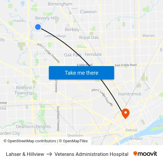 Lahser & Hillview to Veterans Administration Hospital map