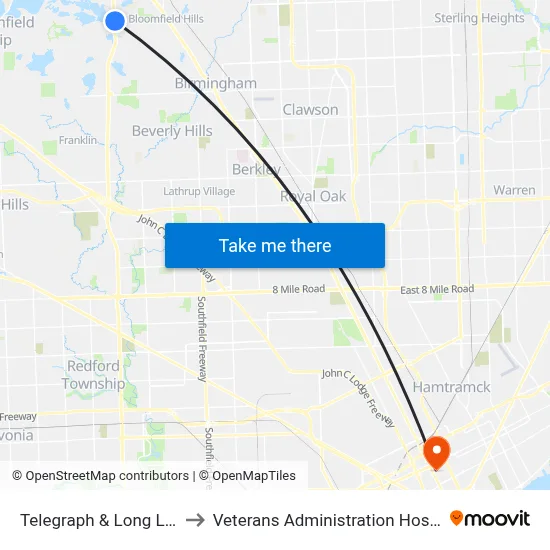 Telegraph & Long Lake to Veterans Administration Hospital map