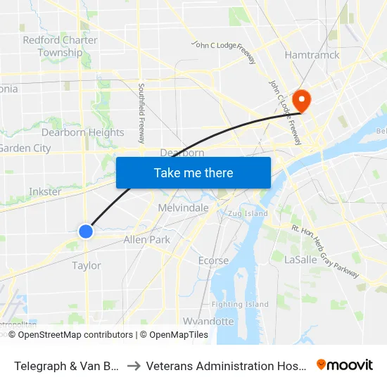 Telegraph & Van Born to Veterans Administration Hospital map