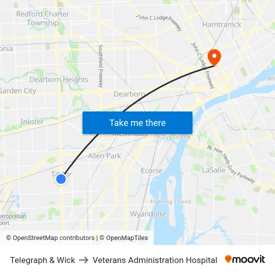 Telegraph & Wick to Veterans Administration Hospital map