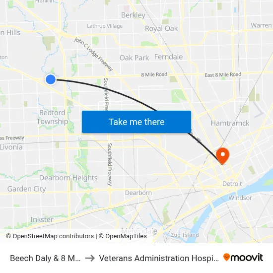Beech Daly & 8 Mile to Veterans Administration Hospital map