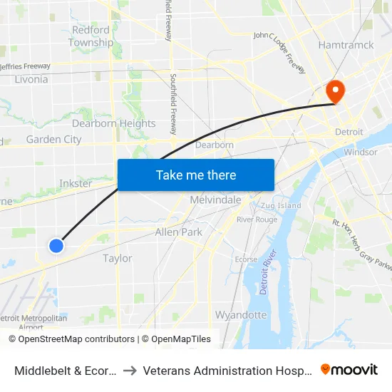 Middlebelt & Ecorse to Veterans Administration Hospital map