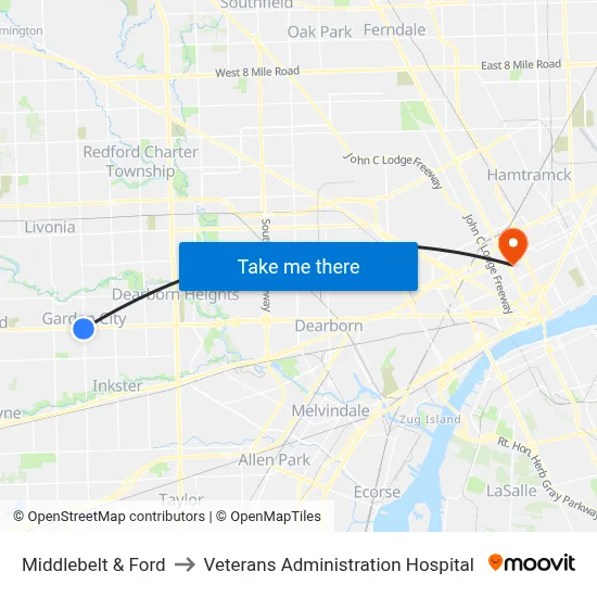 Middlebelt & Ford to Veterans Administration Hospital map