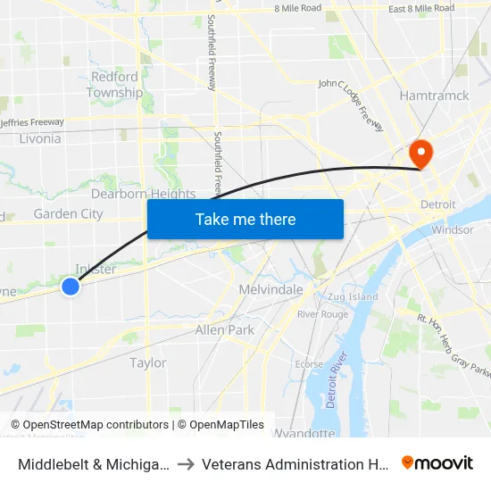 Middlebelt & Michigan SW to Veterans Administration Hospital map