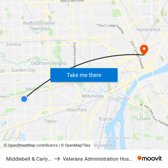 Middlebelt & Carlysle to Veterans Administration Hospital map