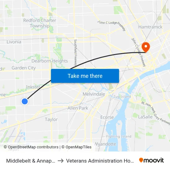 Middlebelt & Annapolis to Veterans Administration Hospital map