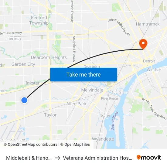 Middlebelt & Hanover to Veterans Administration Hospital map