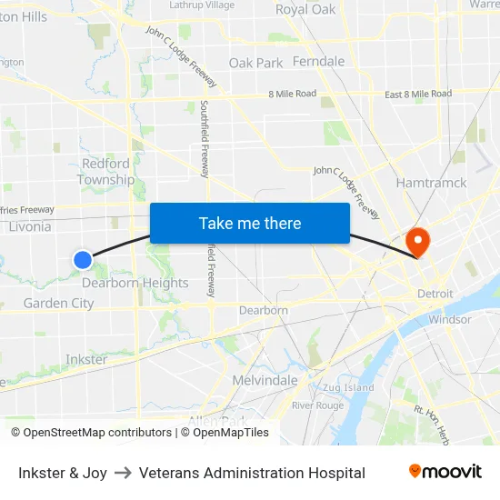 Inkster & Joy to Veterans Administration Hospital map