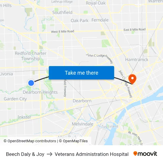 Beech Daly & Joy to Veterans Administration Hospital map