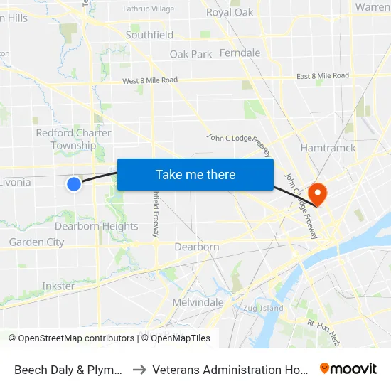 Beech Daly & Plymouth to Veterans Administration Hospital map