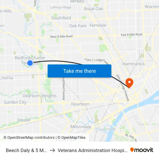 Beech Daly & 5 Mile to Veterans Administration Hospital map