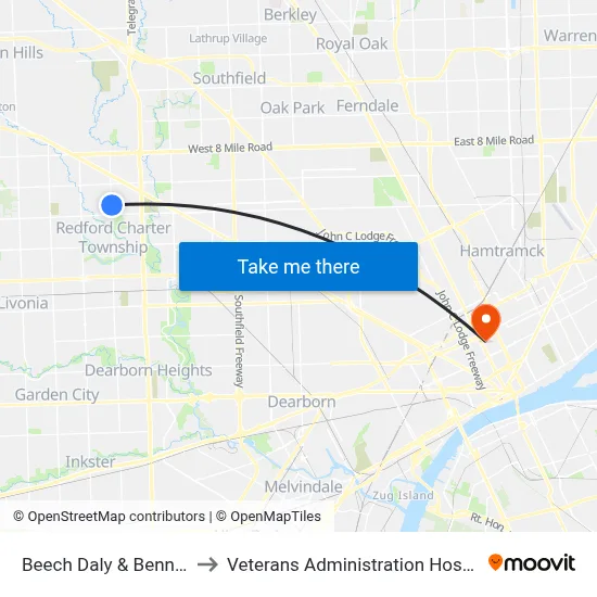 Beech Daly & Benneth to Veterans Administration Hospital map