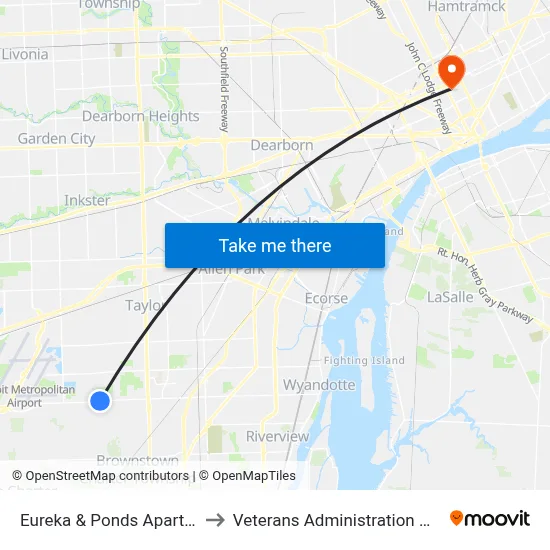 Eureka & Ponds Apartments to Veterans Administration Hospital map
