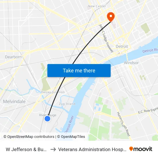 W Jefferson & Burke to Veterans Administration Hospital map