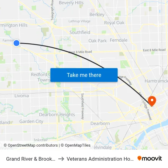 Grand River & Brookdale to Veterans Administration Hospital map