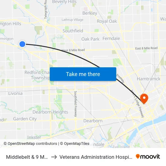 Middlebelt & 9 Mile to Veterans Administration Hospital map