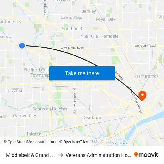 Middlebelt & Grand River to Veterans Administration Hospital map