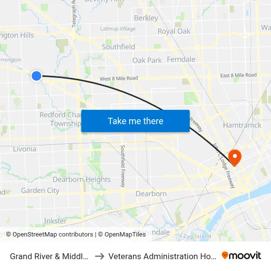 Grand River & Middlebelt to Veterans Administration Hospital map