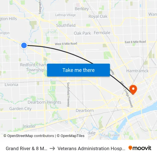 Grand River & 8 Mile to Veterans Administration Hospital map