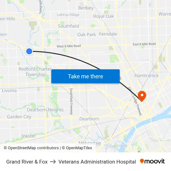 Grand River & Fox to Veterans Administration Hospital map
