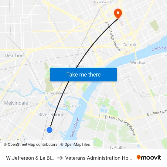 W Jefferson & Le Blanc to Veterans Administration Hospital map