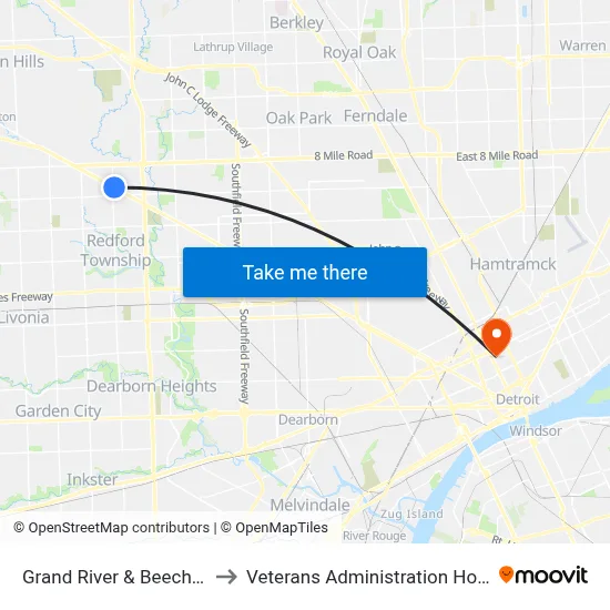 Grand River & Beech Daly to Veterans Administration Hospital map