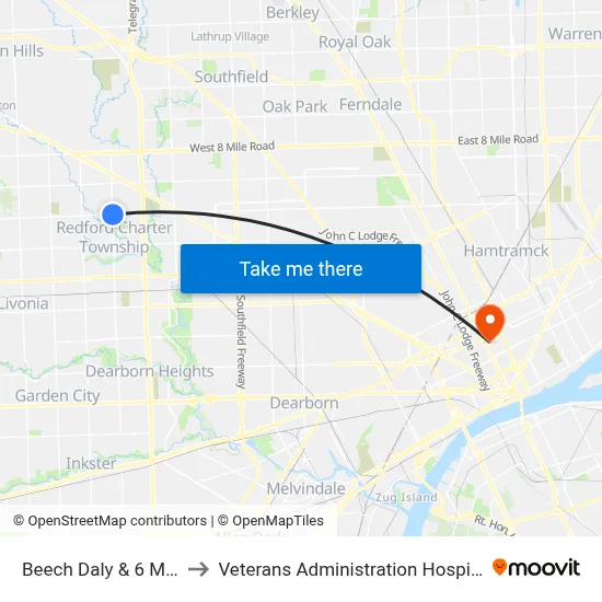 Beech Daly & 6 Mile to Veterans Administration Hospital map