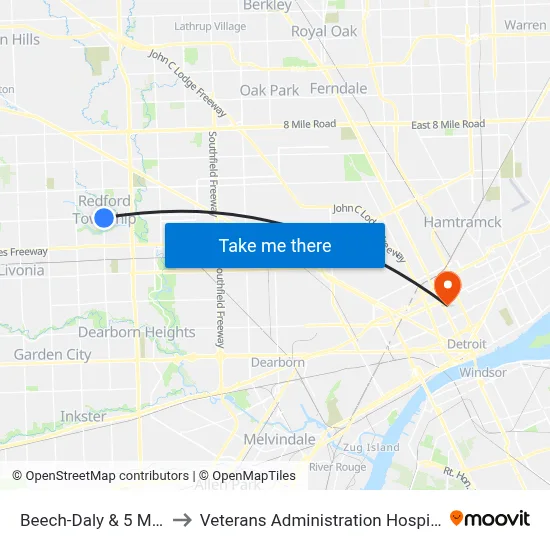 Beech-Daly & 5 Mile to Veterans Administration Hospital map