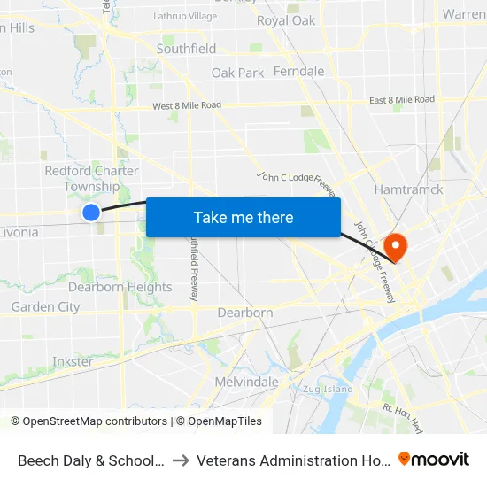 Beech Daly & Schoolcraft to Veterans Administration Hospital map