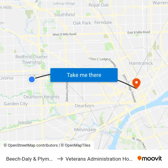 Beech-Daly & Plymouth to Veterans Administration Hospital map