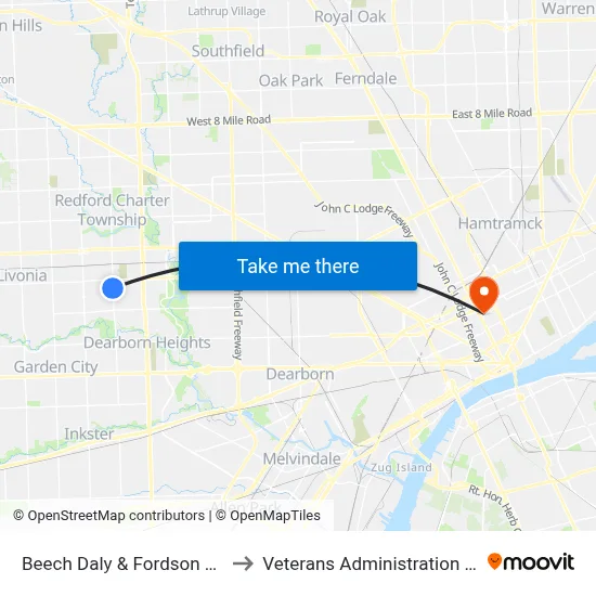 Beech Daly & Fordson Highway to Veterans Administration Hospital map