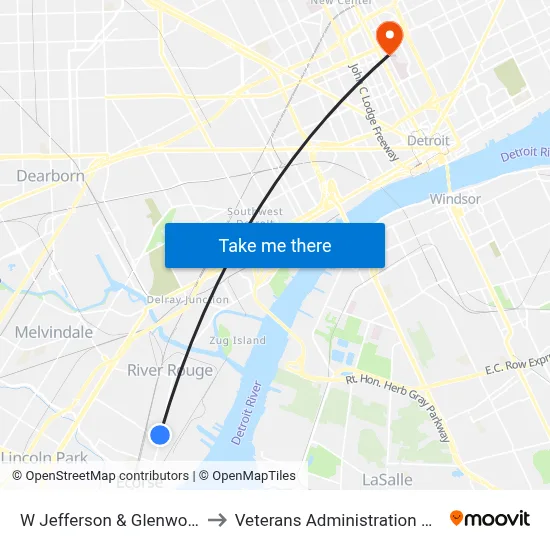 W Jefferson & Glenwood SW to Veterans Administration Hospital map
