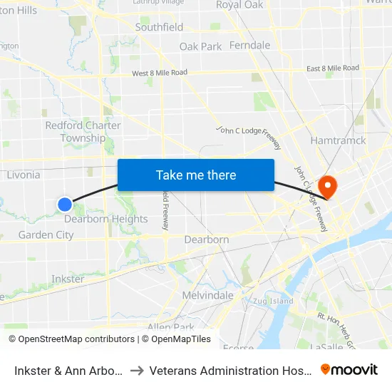 Inkster & Ann Arbor Tr to Veterans Administration Hospital map