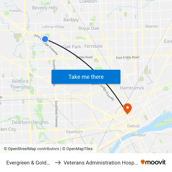 Evergreen & Goldwin to Veterans Administration Hospital map