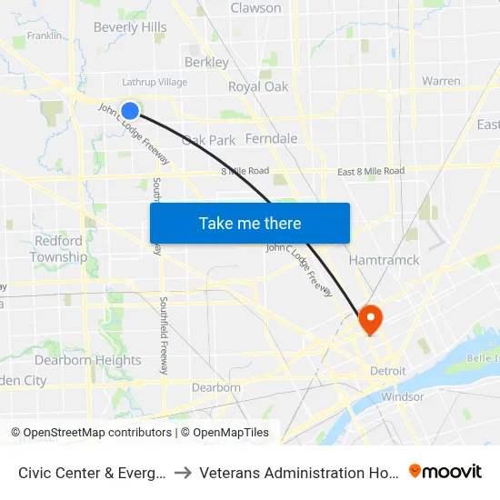 Civic Center & Evergreen to Veterans Administration Hospital map