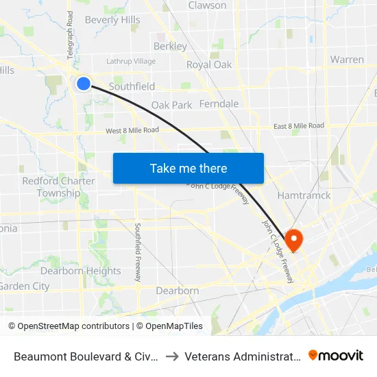Beaumont Boulevard & Civic Center Drive to Veterans Administration Hospital map