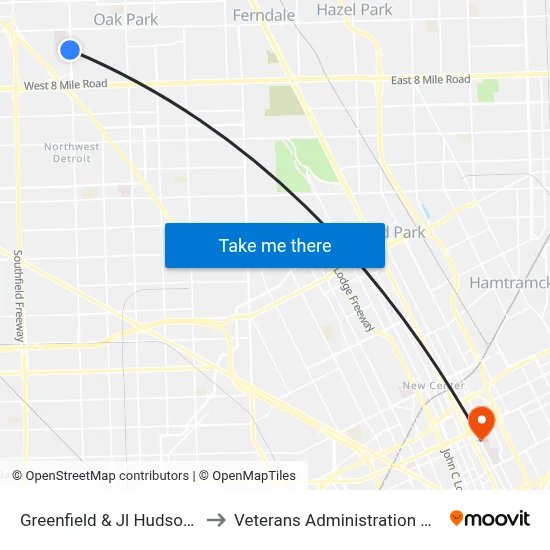 Greenfield & Jl Hudson Drive to Veterans Administration Hospital map