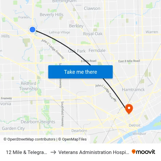 12 Mile & Telegraph to Veterans Administration Hospital map