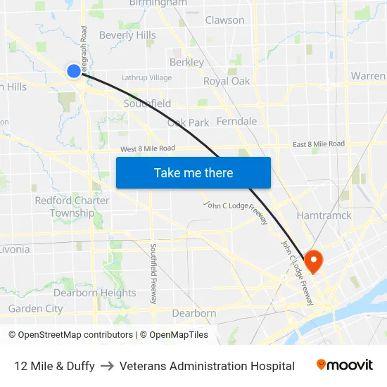 12 Mile & Duffy to Veterans Administration Hospital map