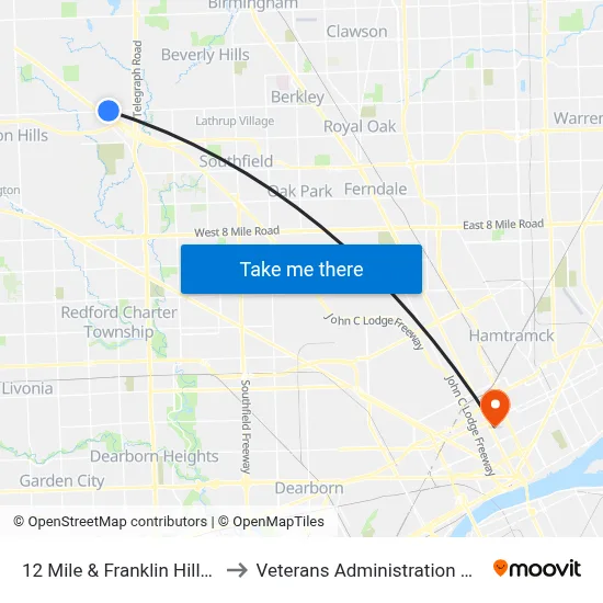 12 Mile & Franklin Hills Drive to Veterans Administration Hospital map