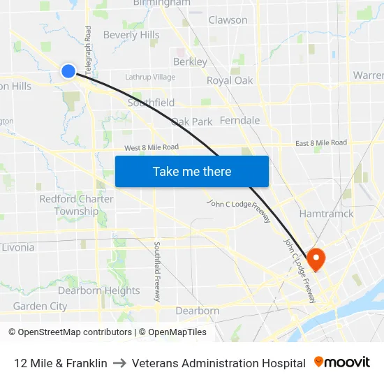 12 Mile & Franklin to Veterans Administration Hospital map